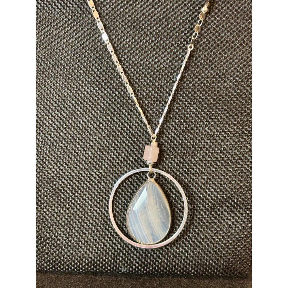 Nakamol for Stitch Fix Agate Teardrop Circle Pendant Long Beaded Necklace Silver